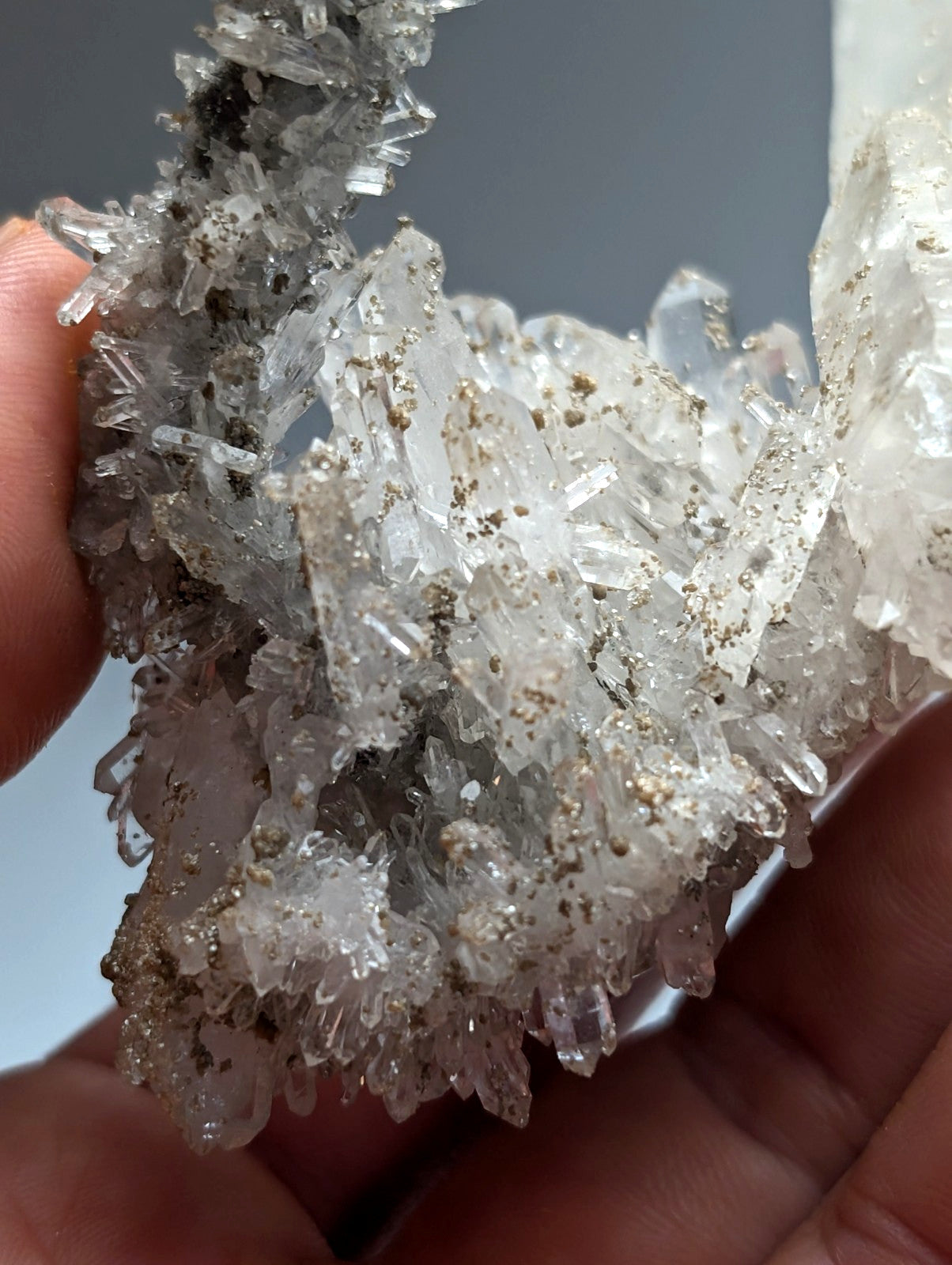 A cluster of translucent clear quartz crystals with golden inclusions and uv reactive cookeite from jeffrey quarry Arkansas
