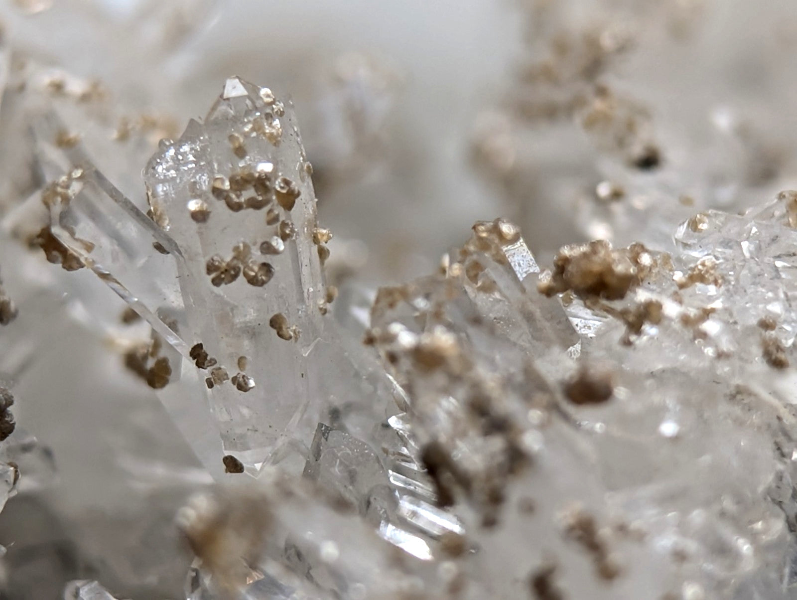 Clear quartz crystals with golden uv reactive cookeite inclusions from jeffrey quarry arkansas rare solution quartz