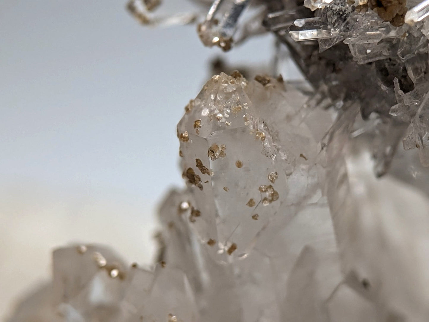 A++++ solution quartz cluster with golden uv reactive cookeite inclusions from jeffrey quarry arkansas rare mineral