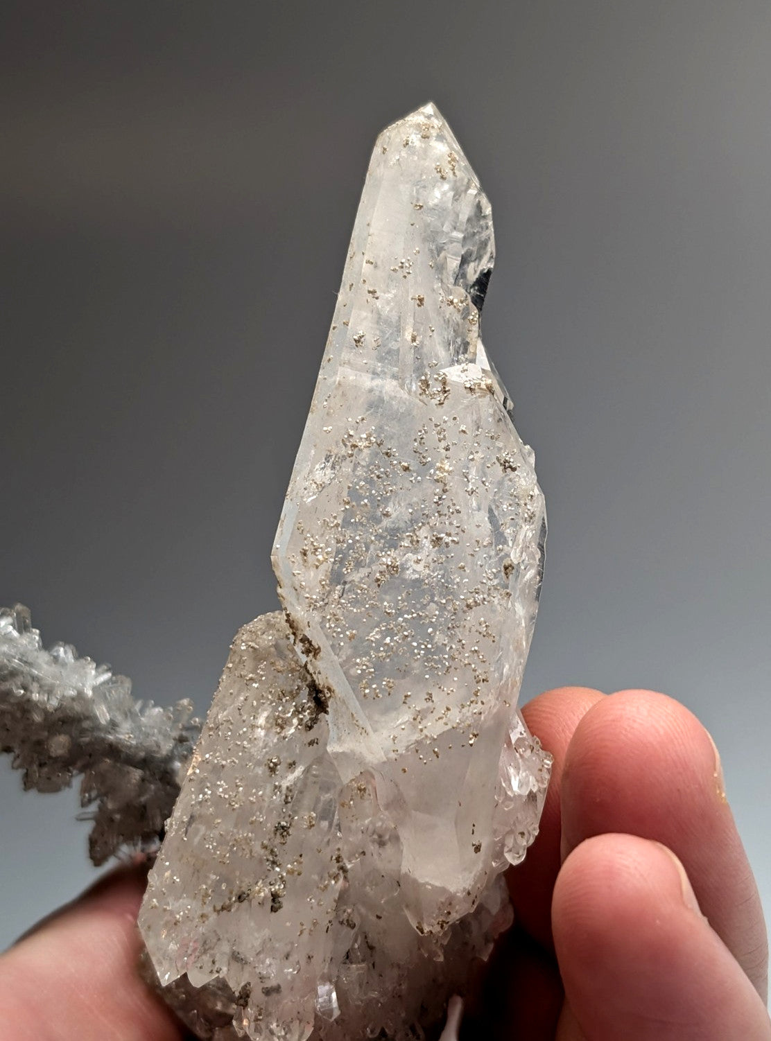 A clear quartz crystal with pointed tip and metallic specks from jeffrey quarry arkansas rare a++++ solution quartz