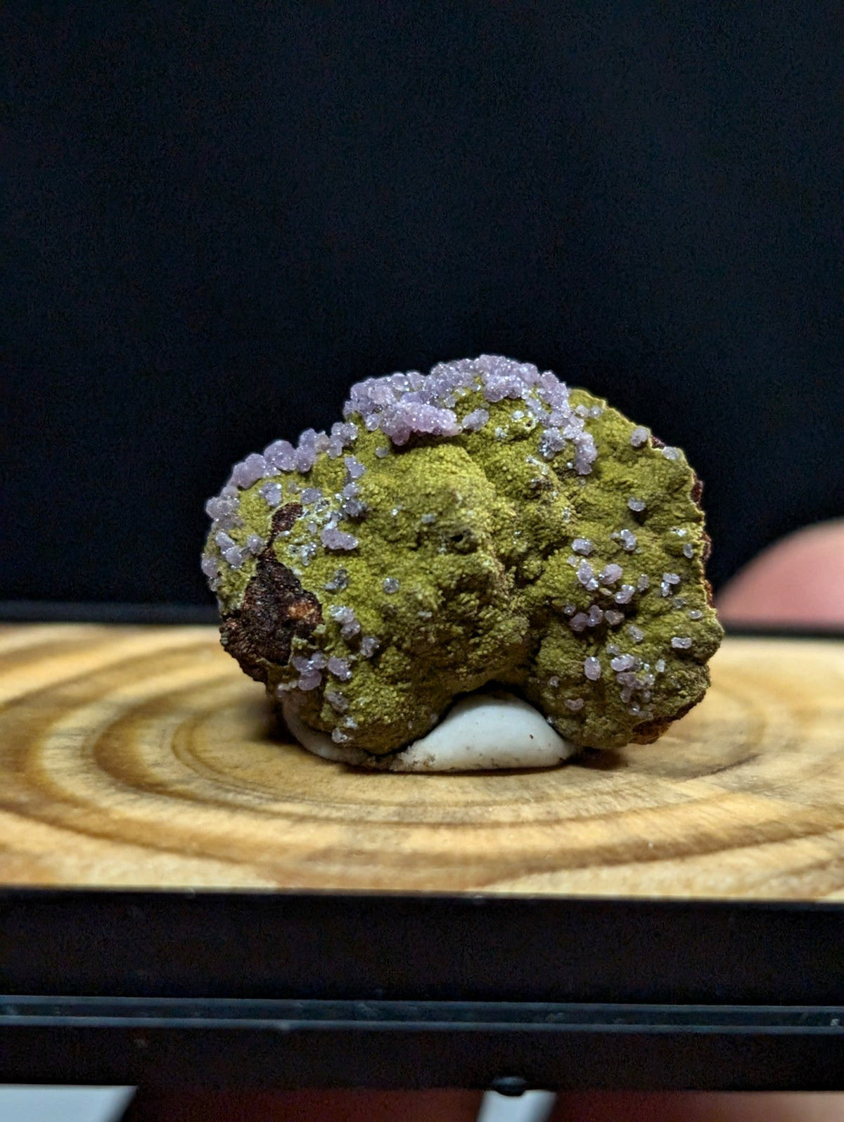 A mossy green mineral specimen with delicate purple crystalline formations on its surface.