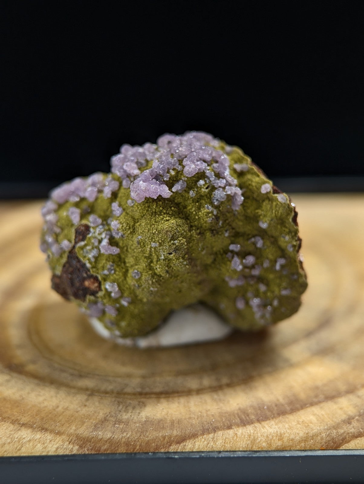 A vibrant green mineral specimen adorned with delicate, crystalline purple formations.