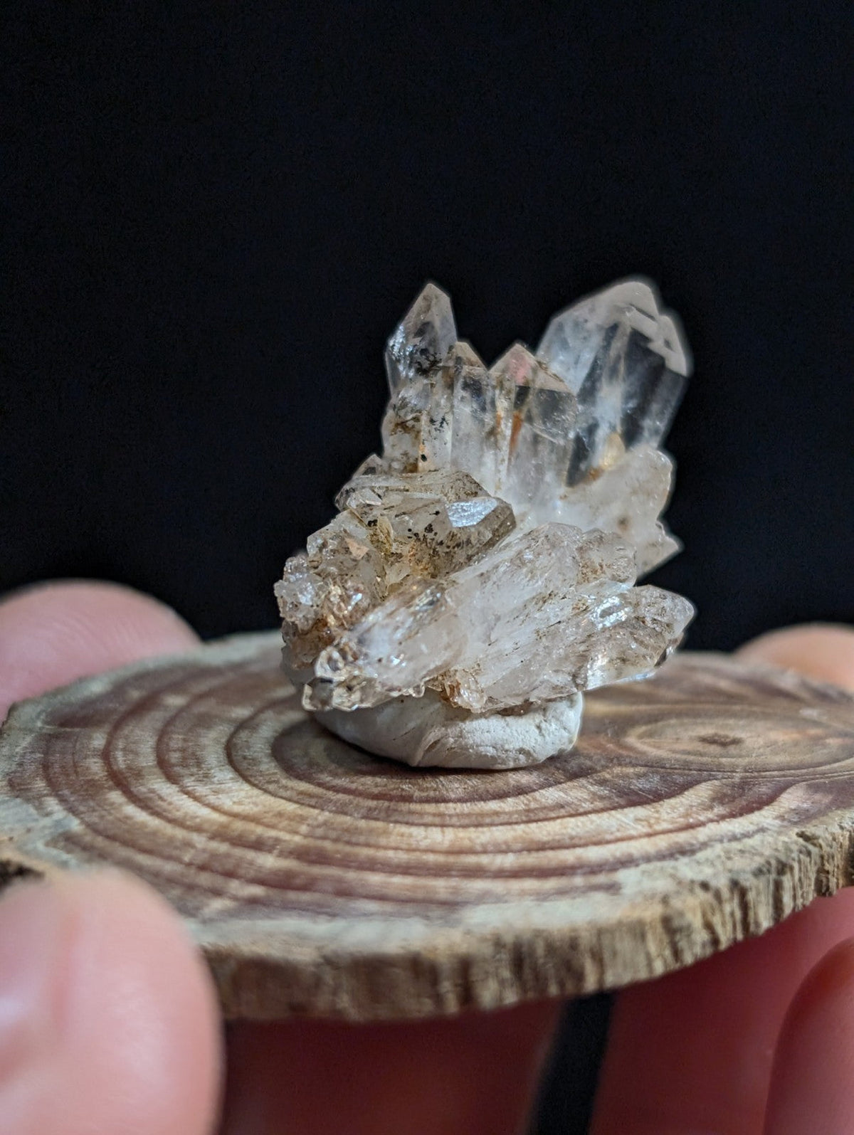 A clear quartz crystal cluster with sharp points and subtle inclusions on a wooden base from Garland County Arkansas