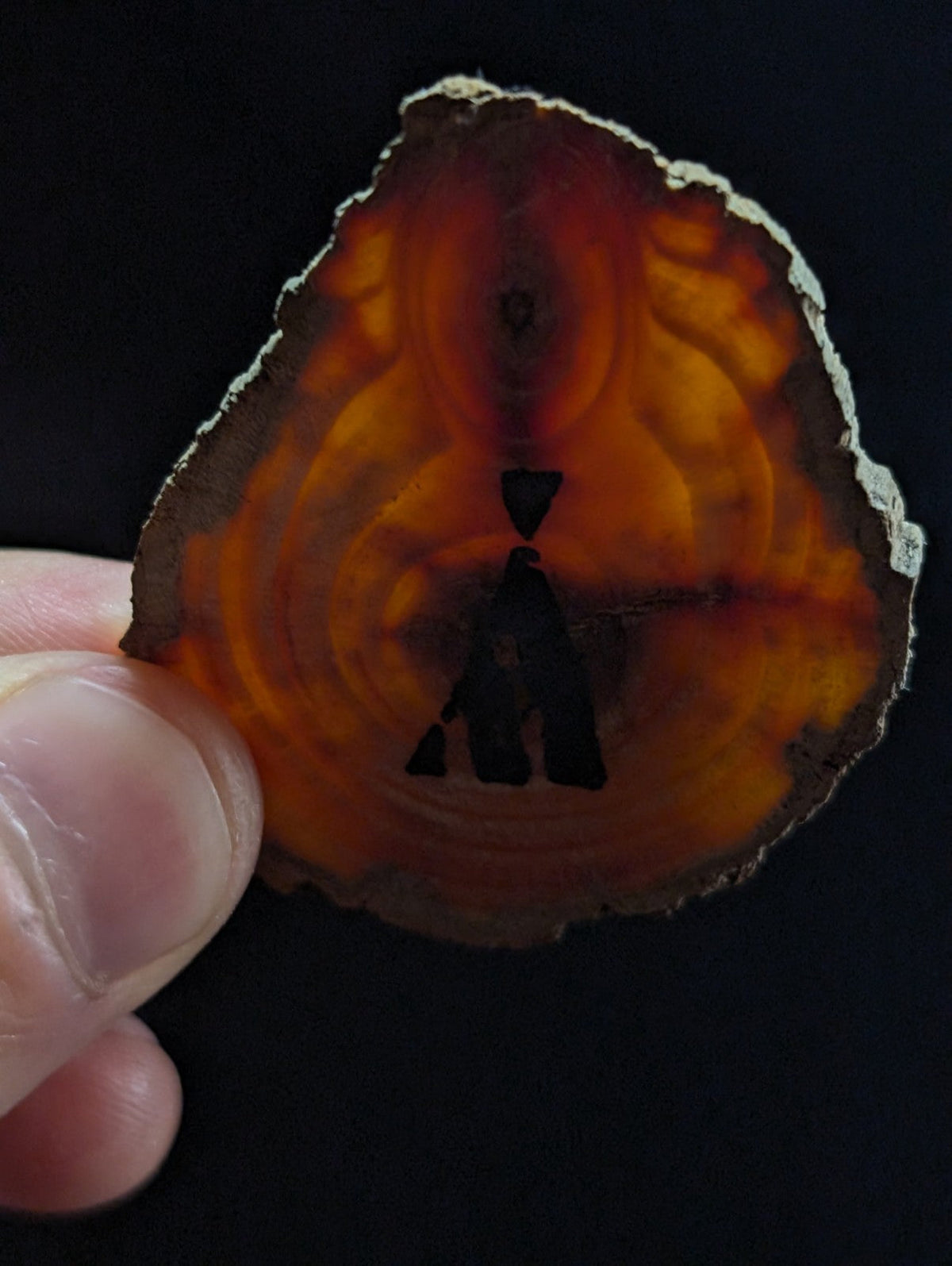 A hand holds a slice of amber-colored agate with swirling patterns from an A+ tabby quartz crystal cluster