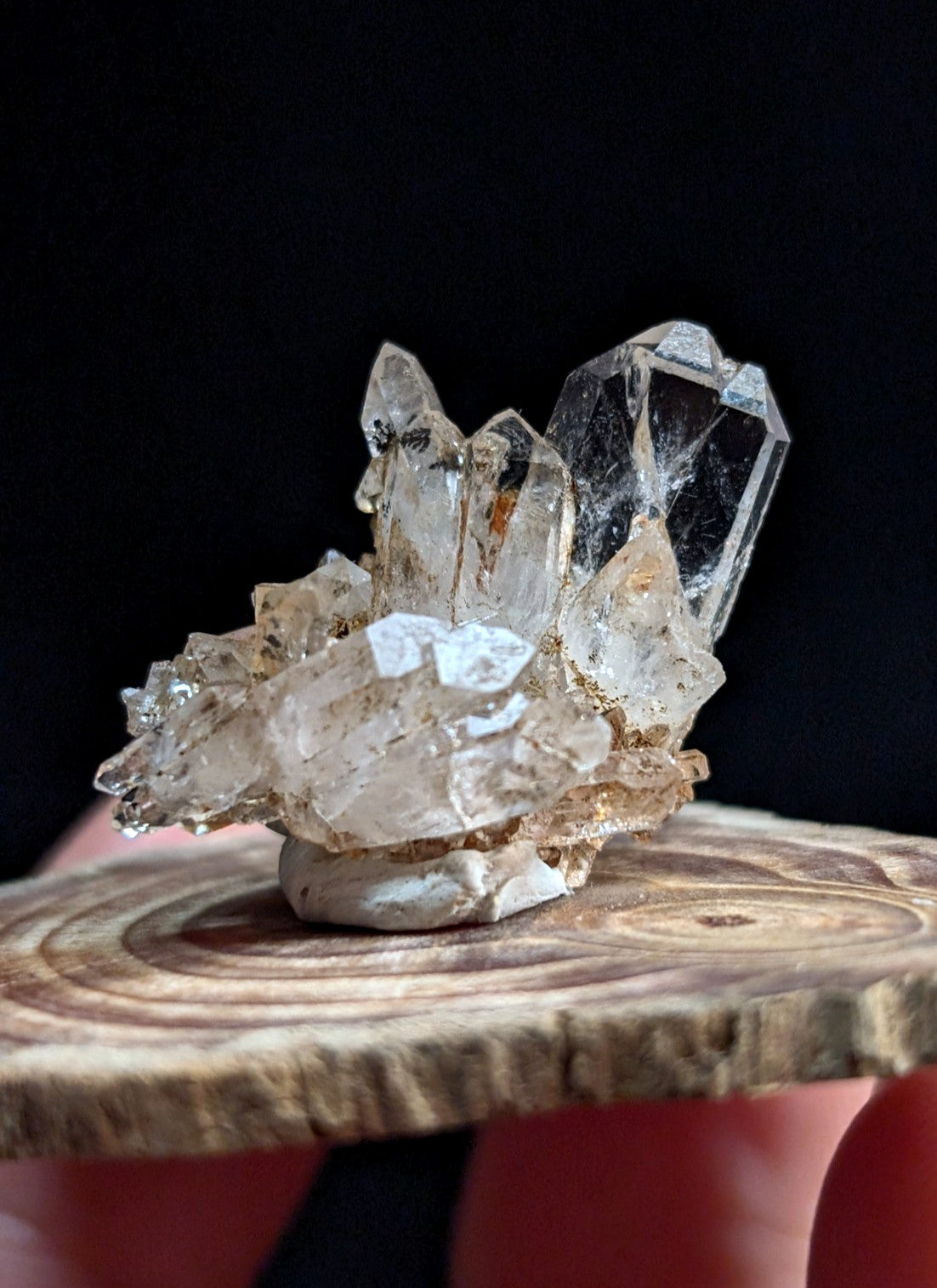 A+ tabby clear quartz crystal cluster with sharp faceted points on natural matrix base from garland county arkansas