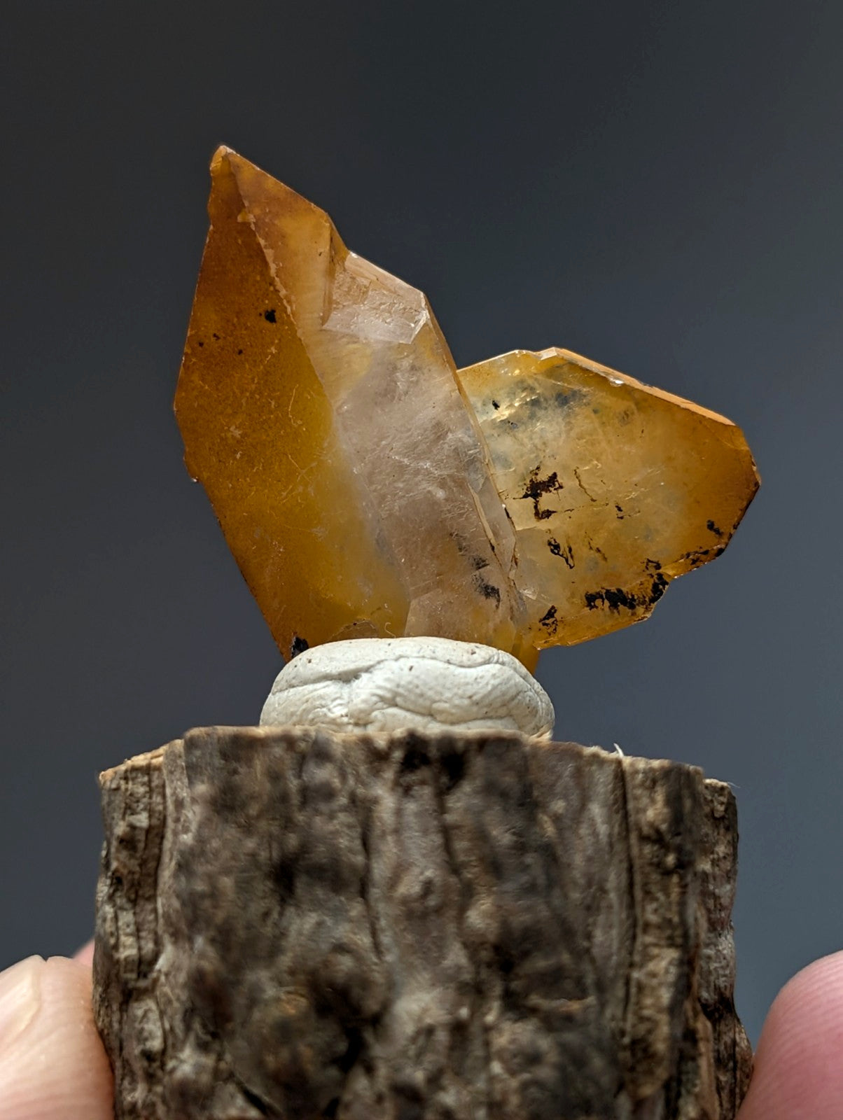 A translucent amber-colored a plus unique quartz crystal with faceted angular shape and natural wood base from arkansas