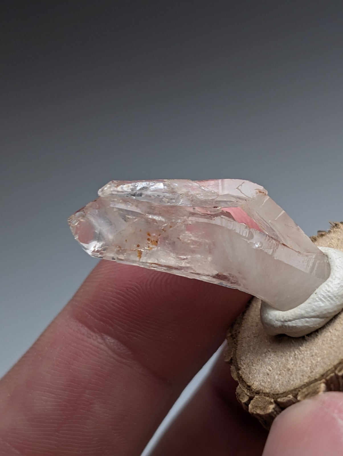 A+ unique translucent clear quartz crystal with pointed tip and natural facets on wood base from garland county arkansas