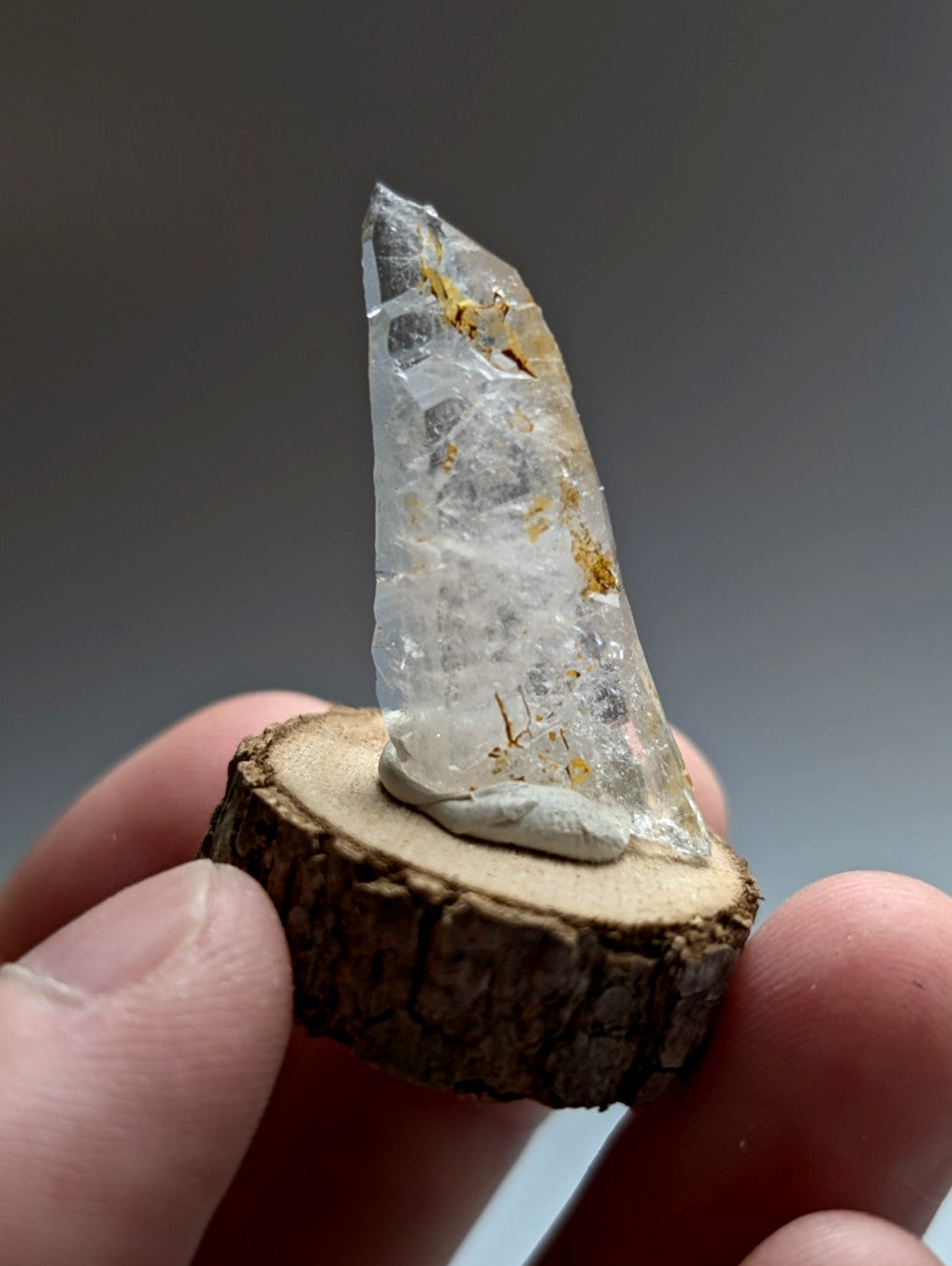 A translucent quartz crystal with golden inclusions mounted on a rustic natural wood base from garland county arkansas