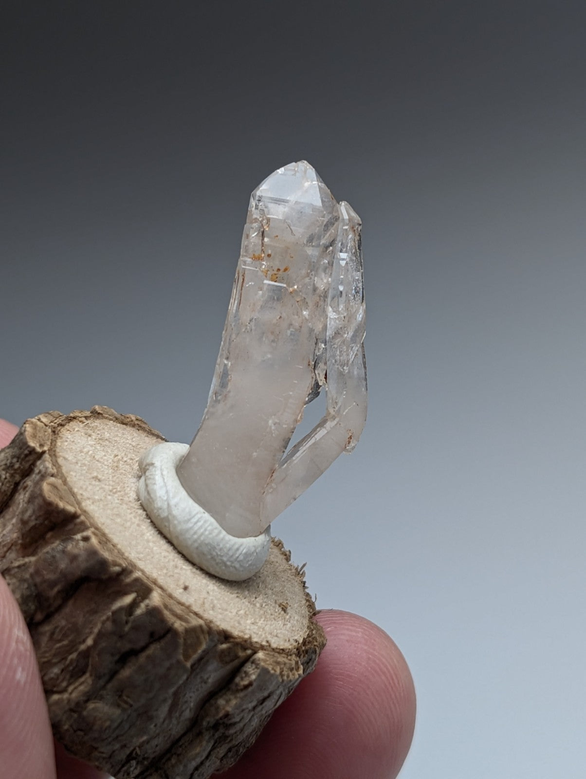 A clear quartz crystal with natural inclusions and pointed tip mounted on a rustic wood base from garland county arkansas