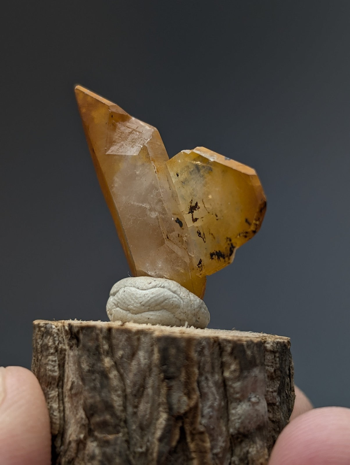 A translucent golden-yellow quartz crystal with angular facets and dark inclusions on a natural wood base