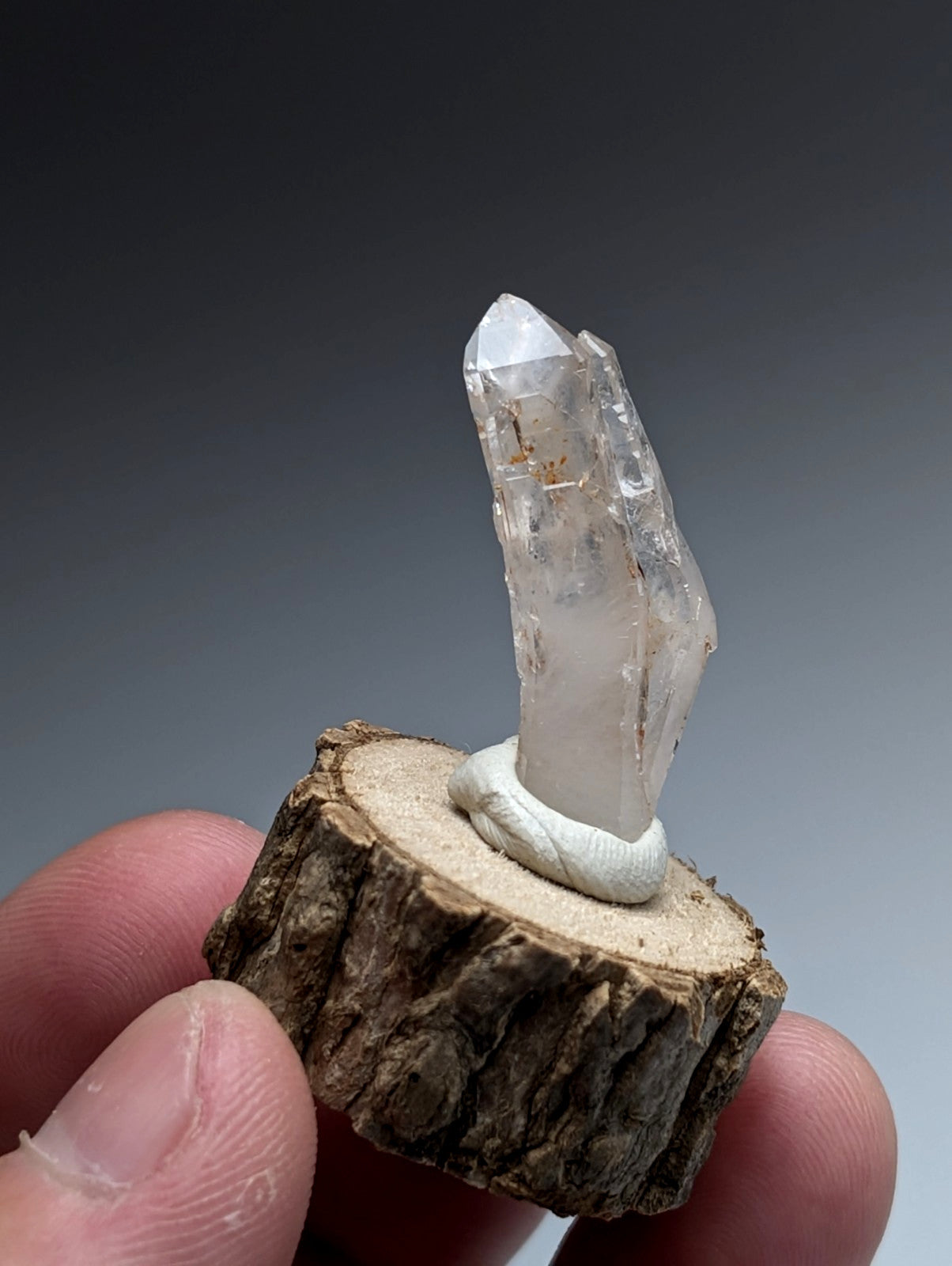 A clear quartz crystal with natural inclusions and a pointed tip mounted on a rustic wooden base from garland county arkansas