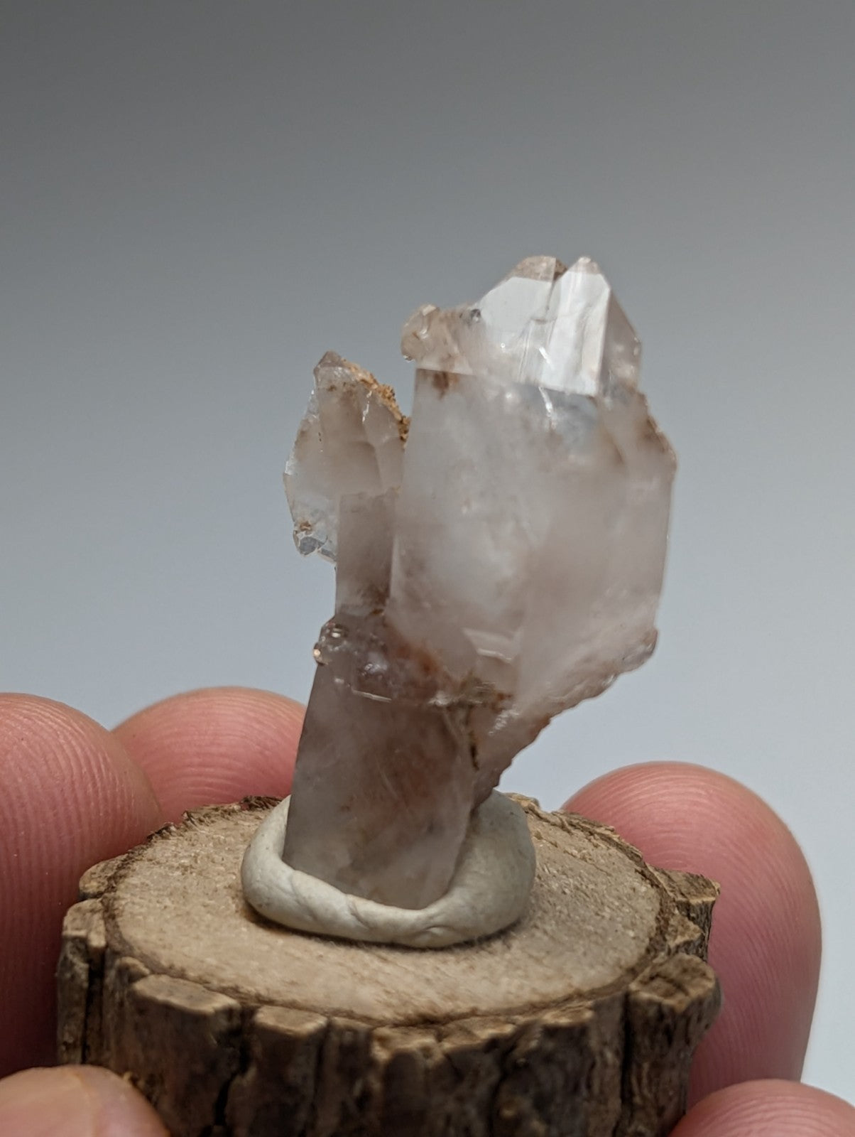 A+ unique translucent quartz crystal cluster with brownish tint on a rustic natural wood base from montgomery county arkansas