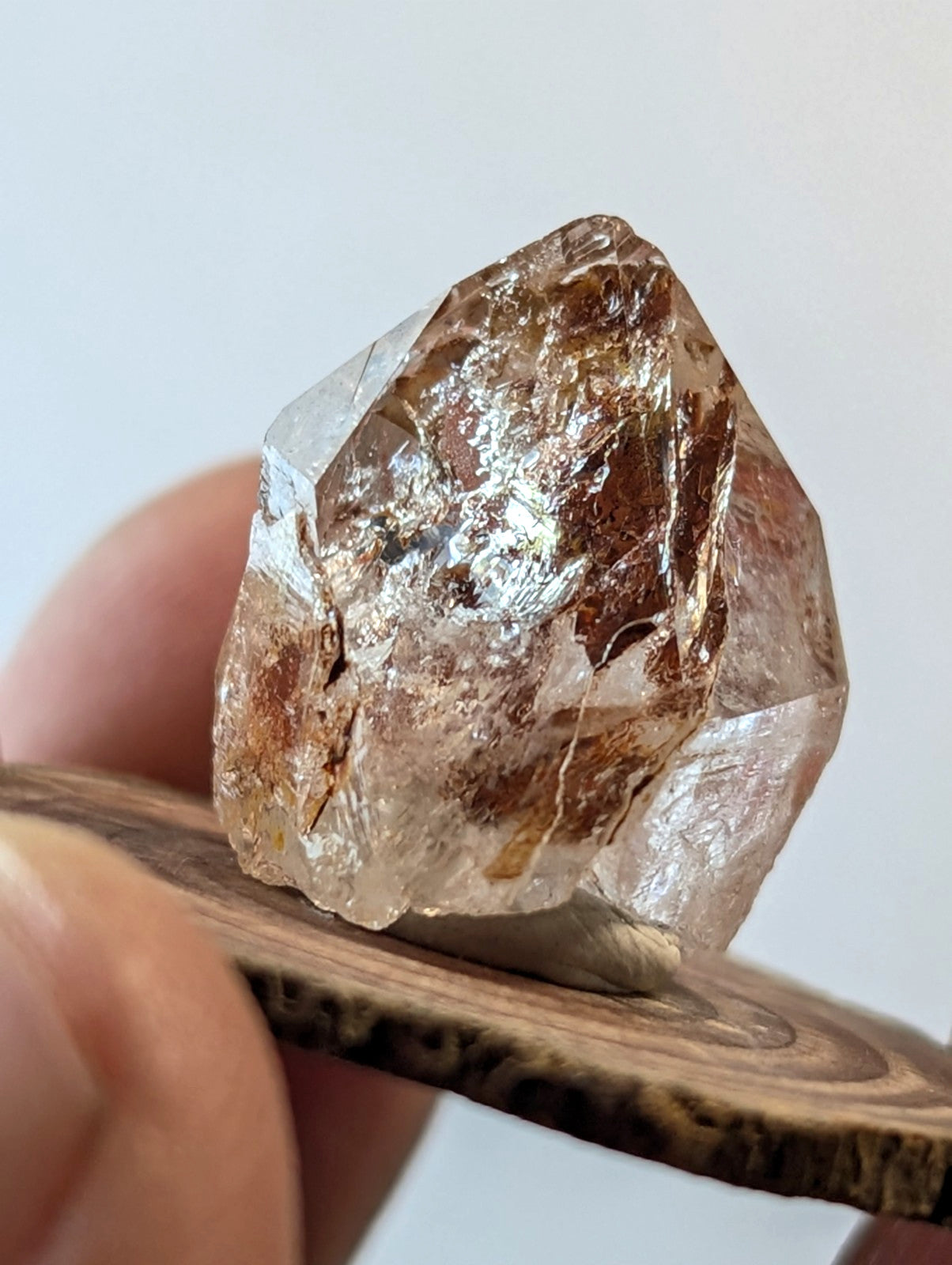 A translucent brownish crystal with a faceted, natural geometric shape and visible internal inclusions.