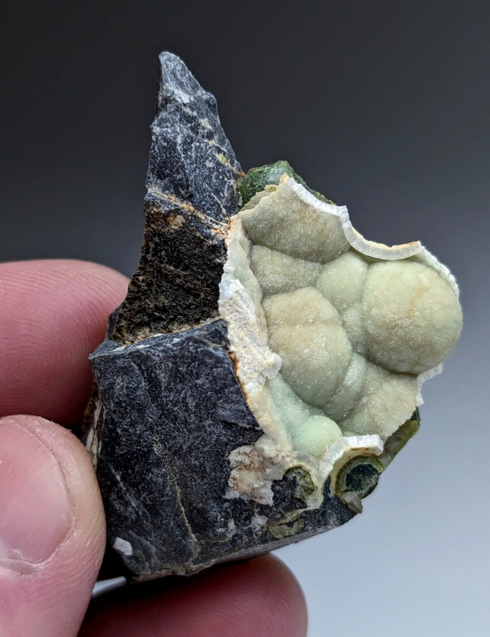 A+ uv reactive wavellite with greenish-white bubble-like formations in dark rugged rock from mauldin mountain arkansas usa
