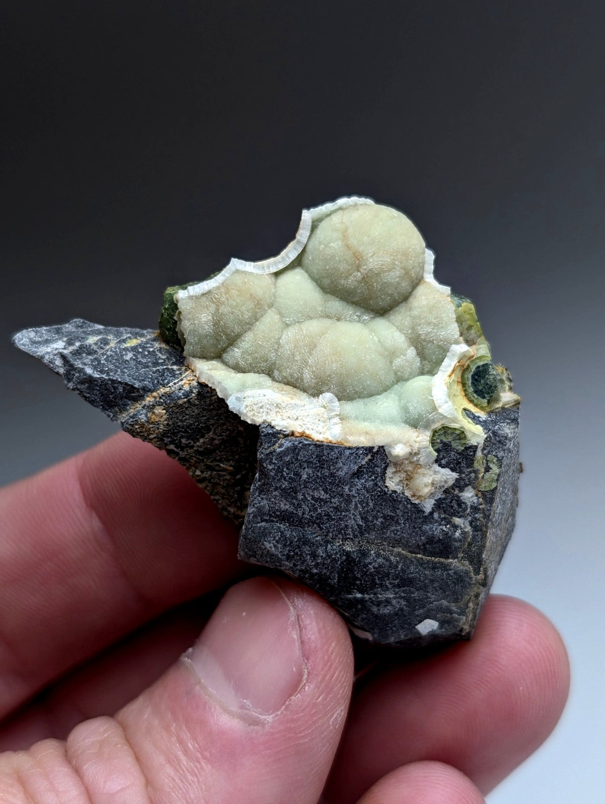A hand holds a dark jagged rock with pale green rounded uv reactive wavellite from Mauldin Mountain Arkansas USA