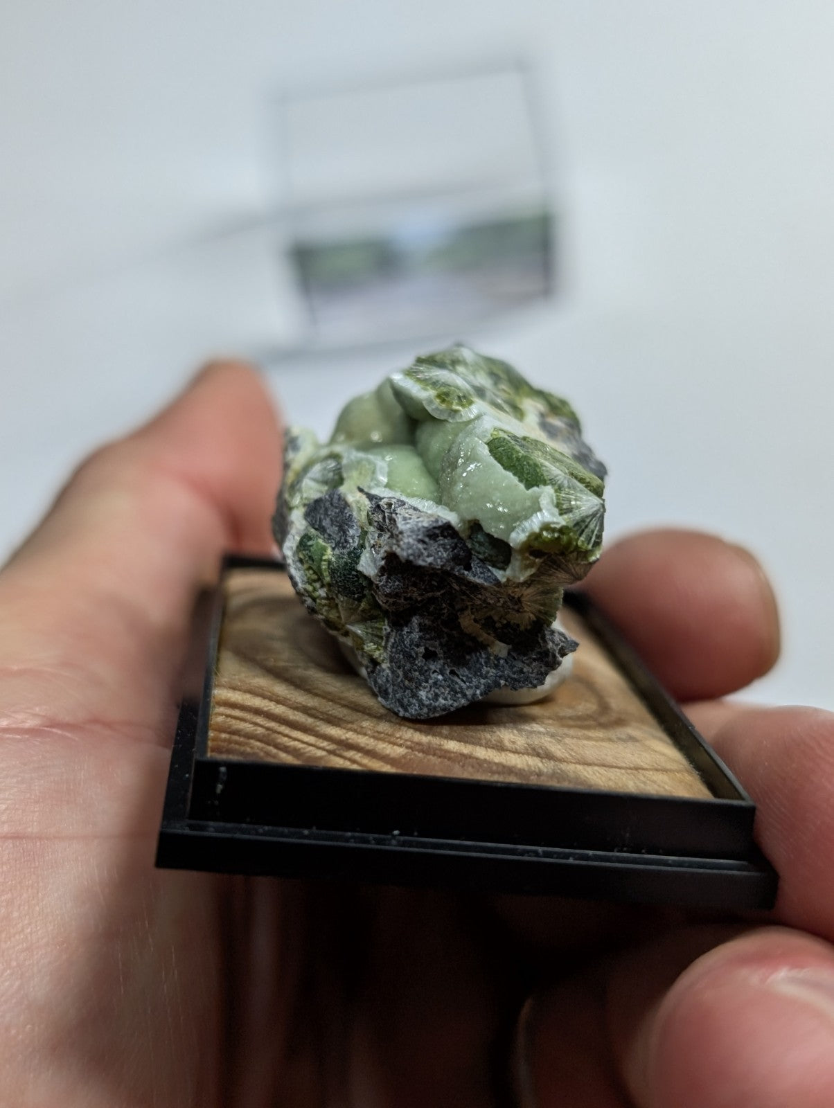 A green and white mineral specimen with a rough, textured surface rests on a wooden display base.