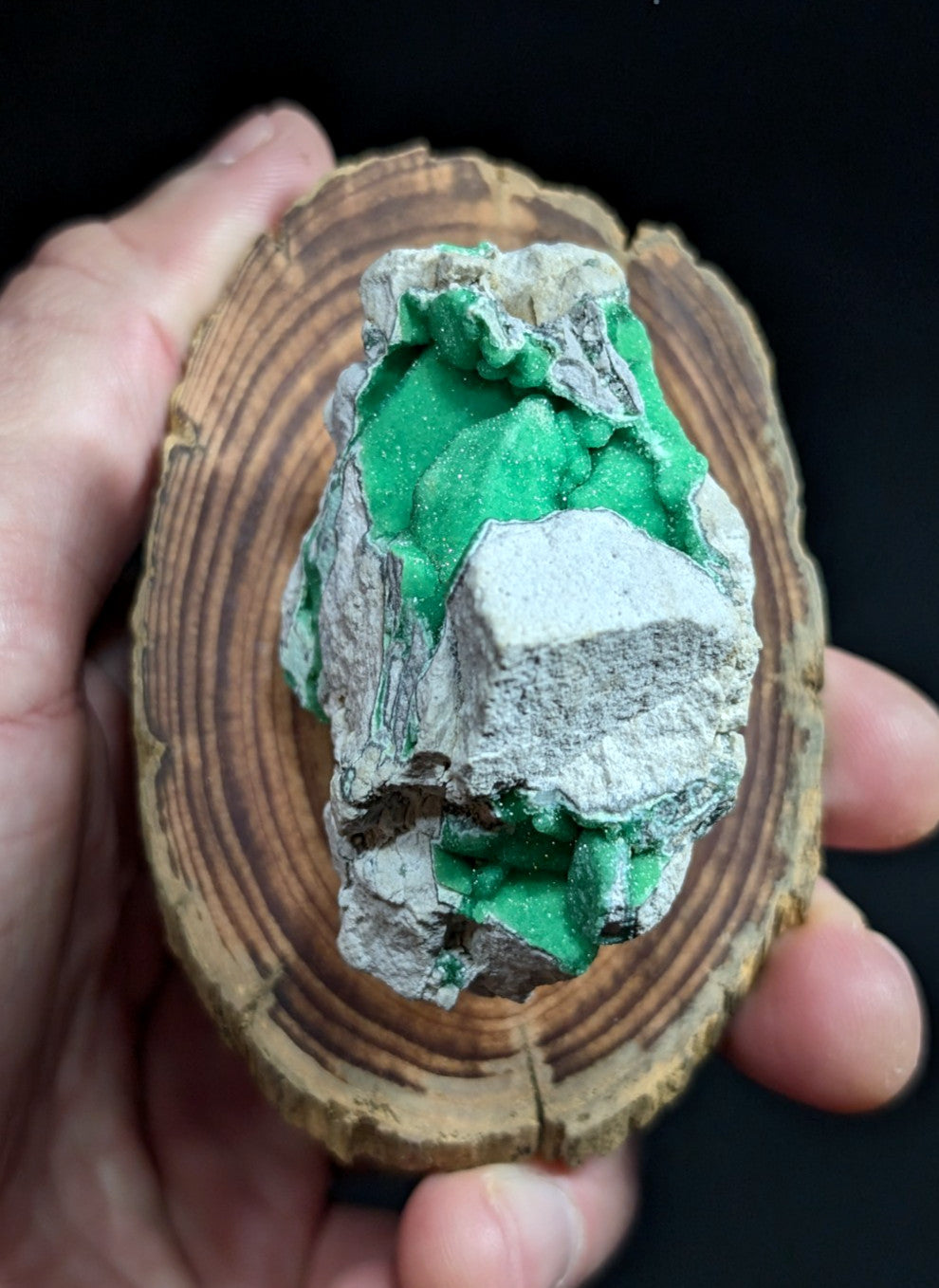 A vibrant green malachite mineral specimen with a rough, crystalline texture and white matrix set within a rustic wooden slice.
