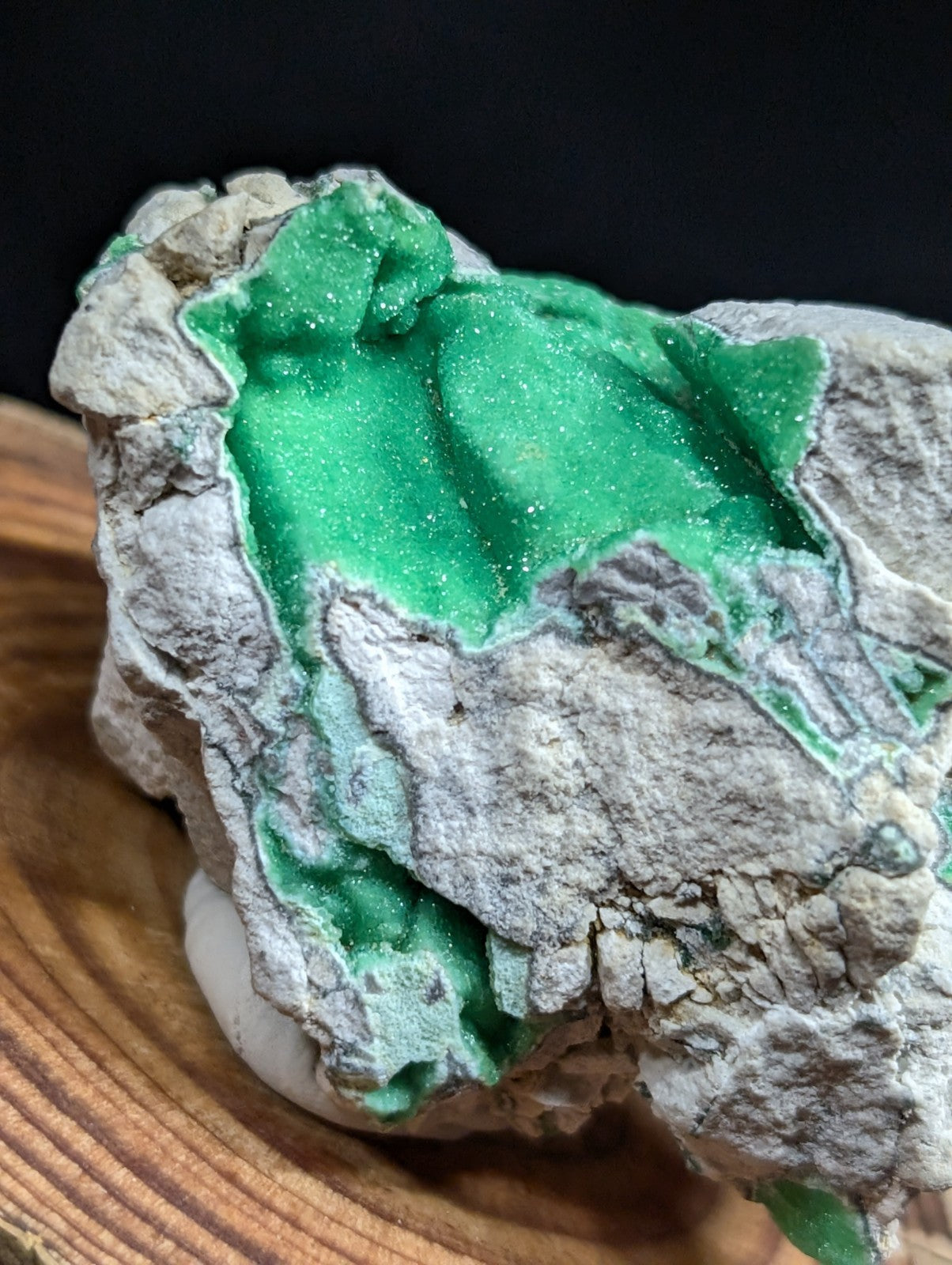 Vibrant green malachite mineral specimen with a crystalline, glittering surface embedded in rough gray rock.