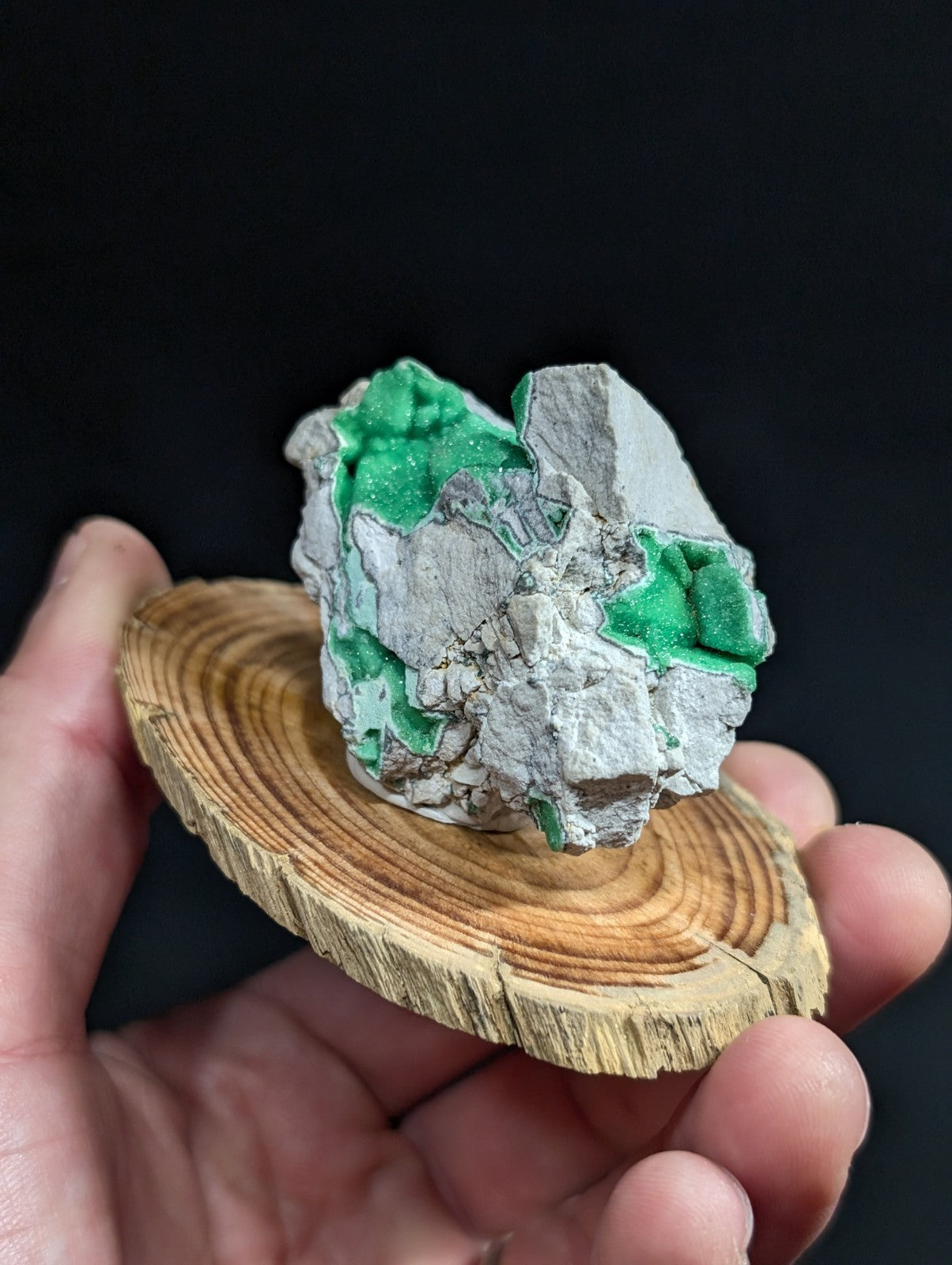 A vibrant green malachite mineral specimen with a rough, crystalline texture set against a pale gray matrix.