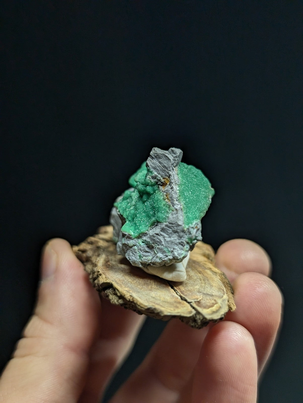 A vibrant green malachite mineral specimen with a rough, gray matrix base and subtle golden inclusions.