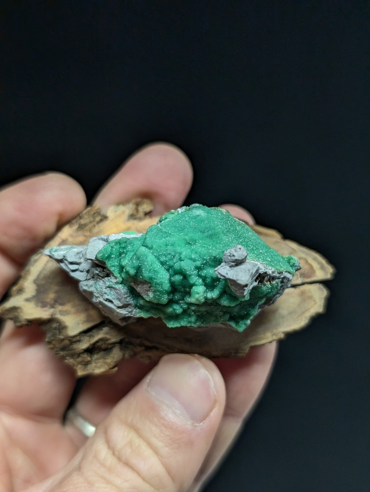 A vibrant green malachite mineral specimen with a rough, crystalline texture and grayish metallic inclusions, held against a dark background.