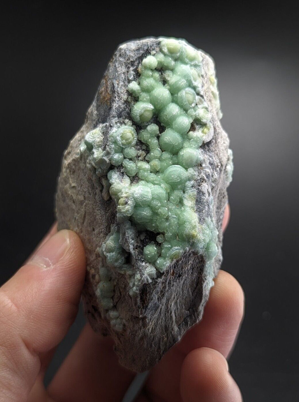 A hand holds a rough, gray rock specimen featuring clusters of translucent, light green spherical crystals.