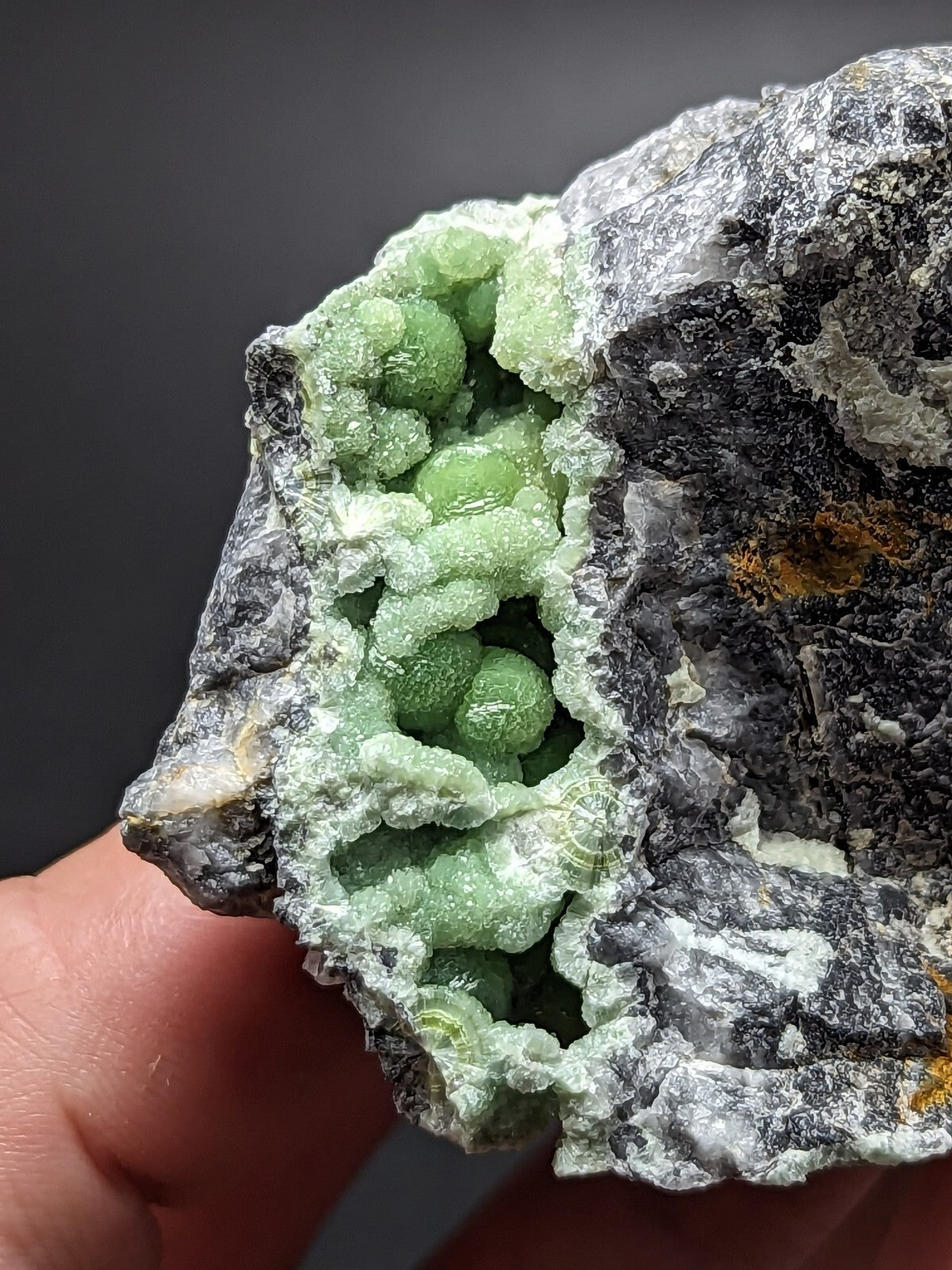 A vibrant green, spherical crystal formation nestled within a rugged gray rock matrix.