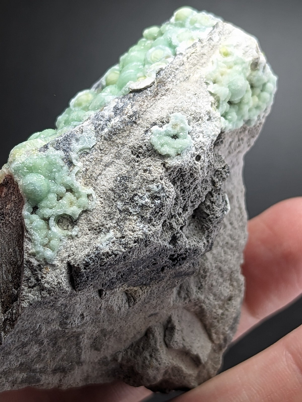 A rough, grayish rock specimen featuring clusters of pale green, bumpy mineral formations.