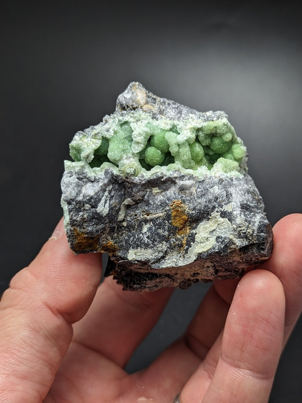 A hand holds a striking geological specimen featuring vibrant green, spherical crystals emerging from a rugged matrix of dark gray and white rock.