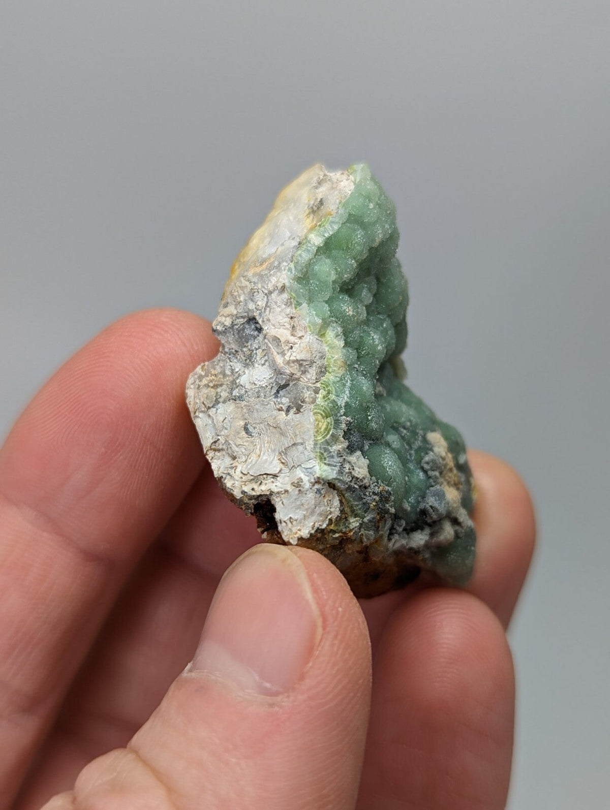 A hand holds a rough, irregularly shaped mineral specimen featuring clusters of translucent green crystals growing from a pale gray and white matrix.