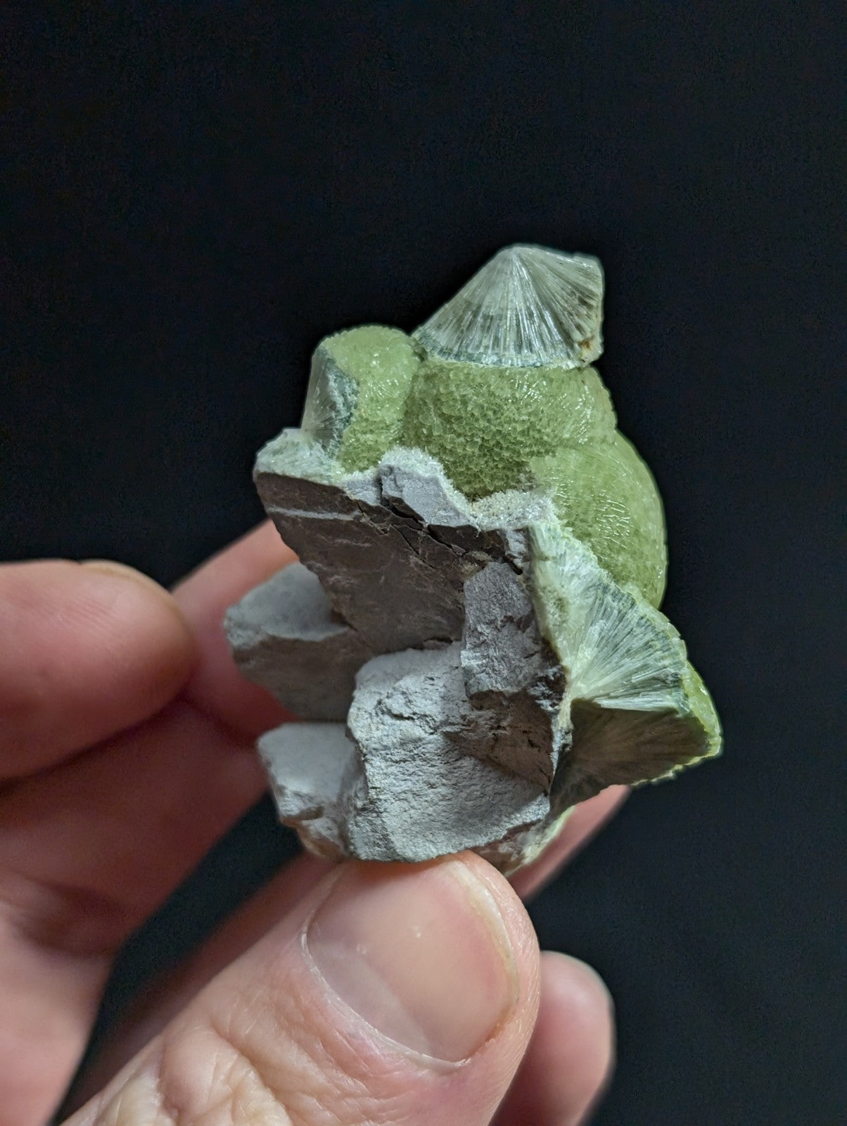 A green, textured mineral specimen with a crystalline, fan-like structure and grayish rock matrix.
