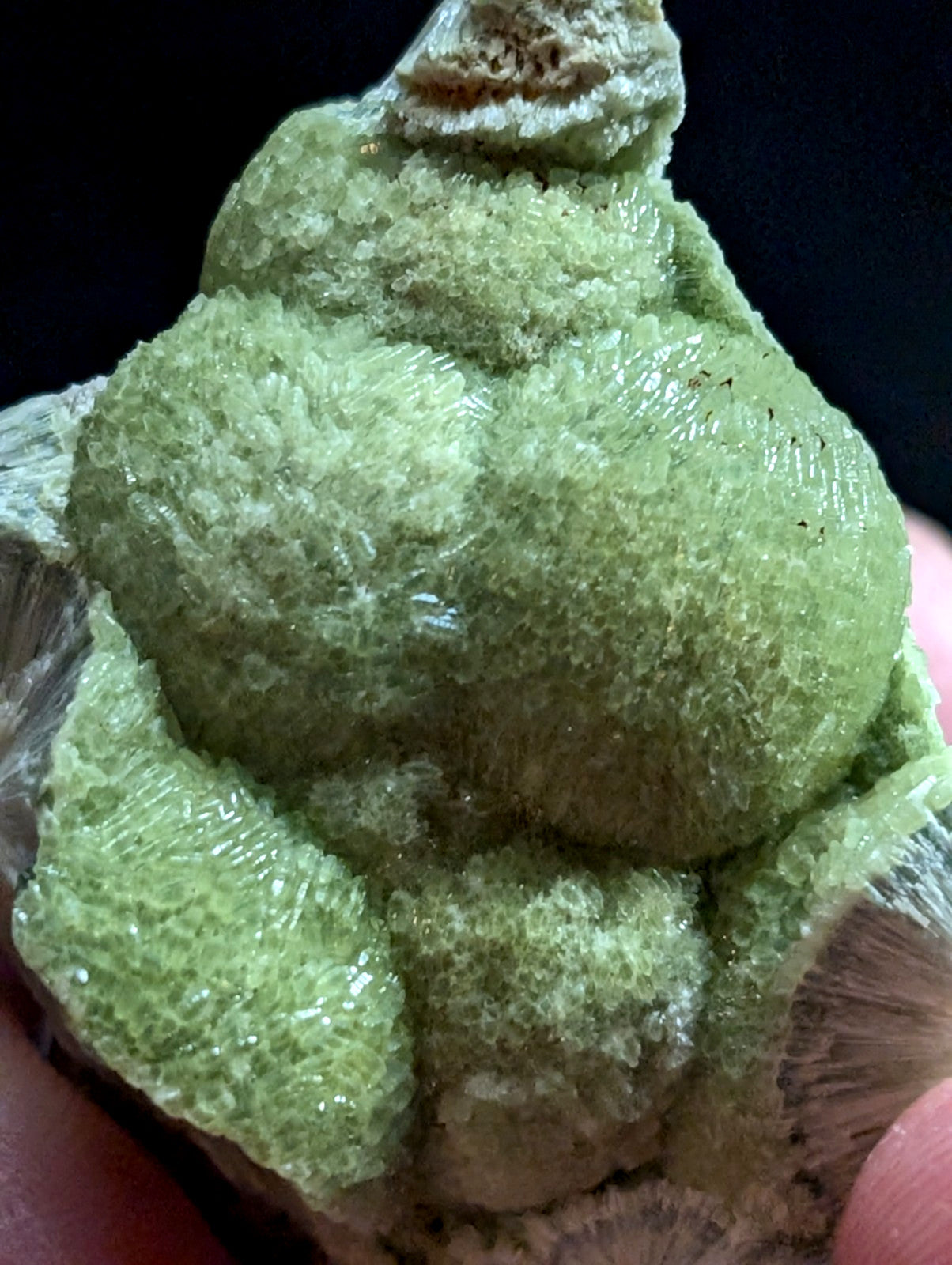 A vibrant green, crystalline mineral specimen with a textured, bumpy surface and translucent facets.