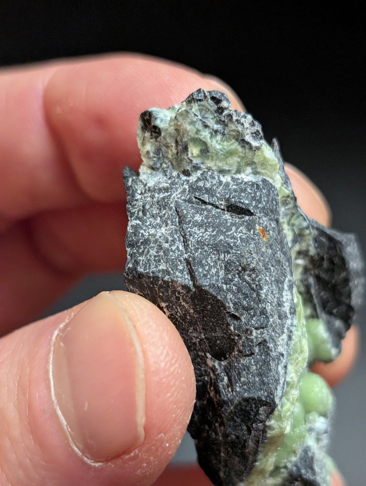A rough, irregularly shaped mineral specimen with a dark gray base and patches of vibrant green crystalline growths.