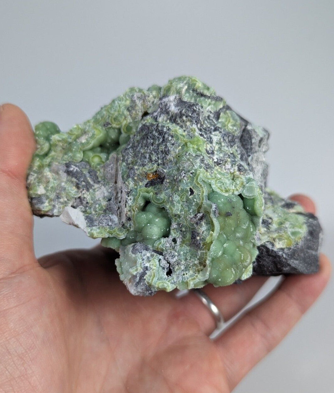 A hand holds a striking green and gray mineral specimen featuring clusters of translucent, bead-like formations against a rougher matrix.