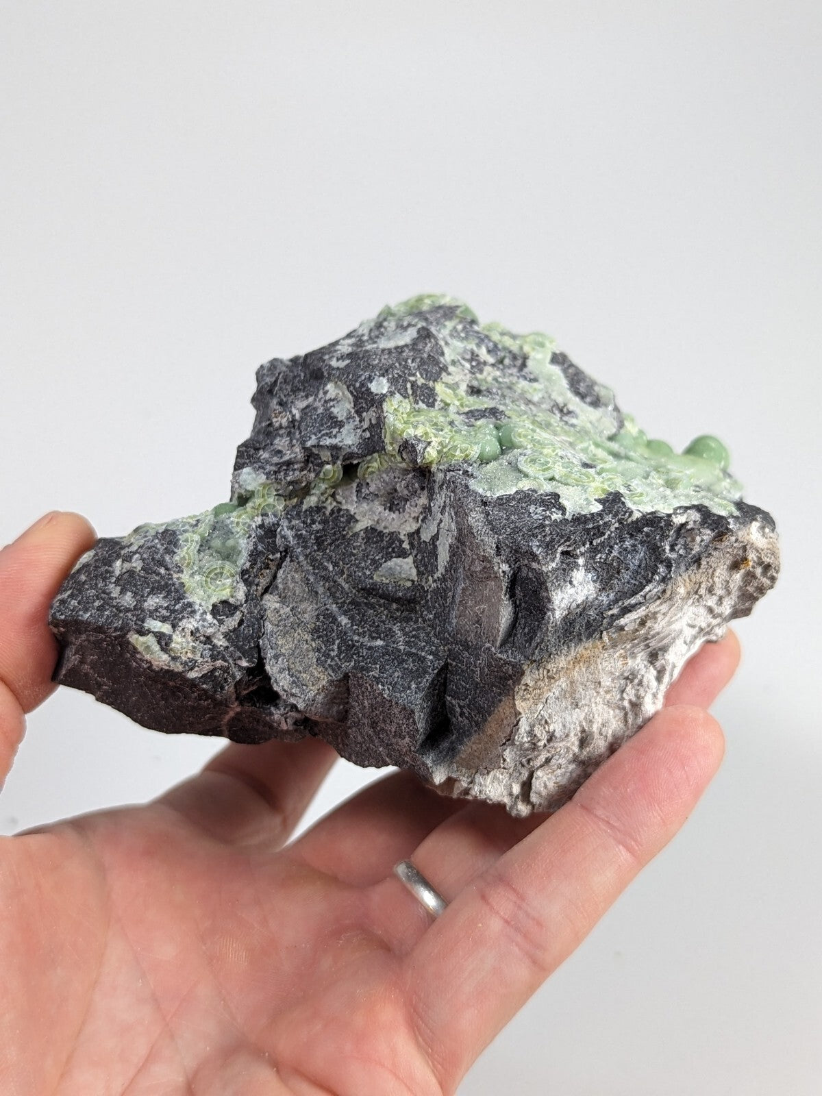 A rugged, dark gray rock with patches of vibrant green mineral growth held in a hand.