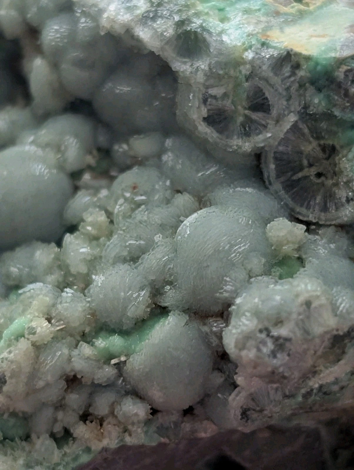 A translucent green and white mineral specimen featuring rounded, bubble-like formations with a crystalline texture.