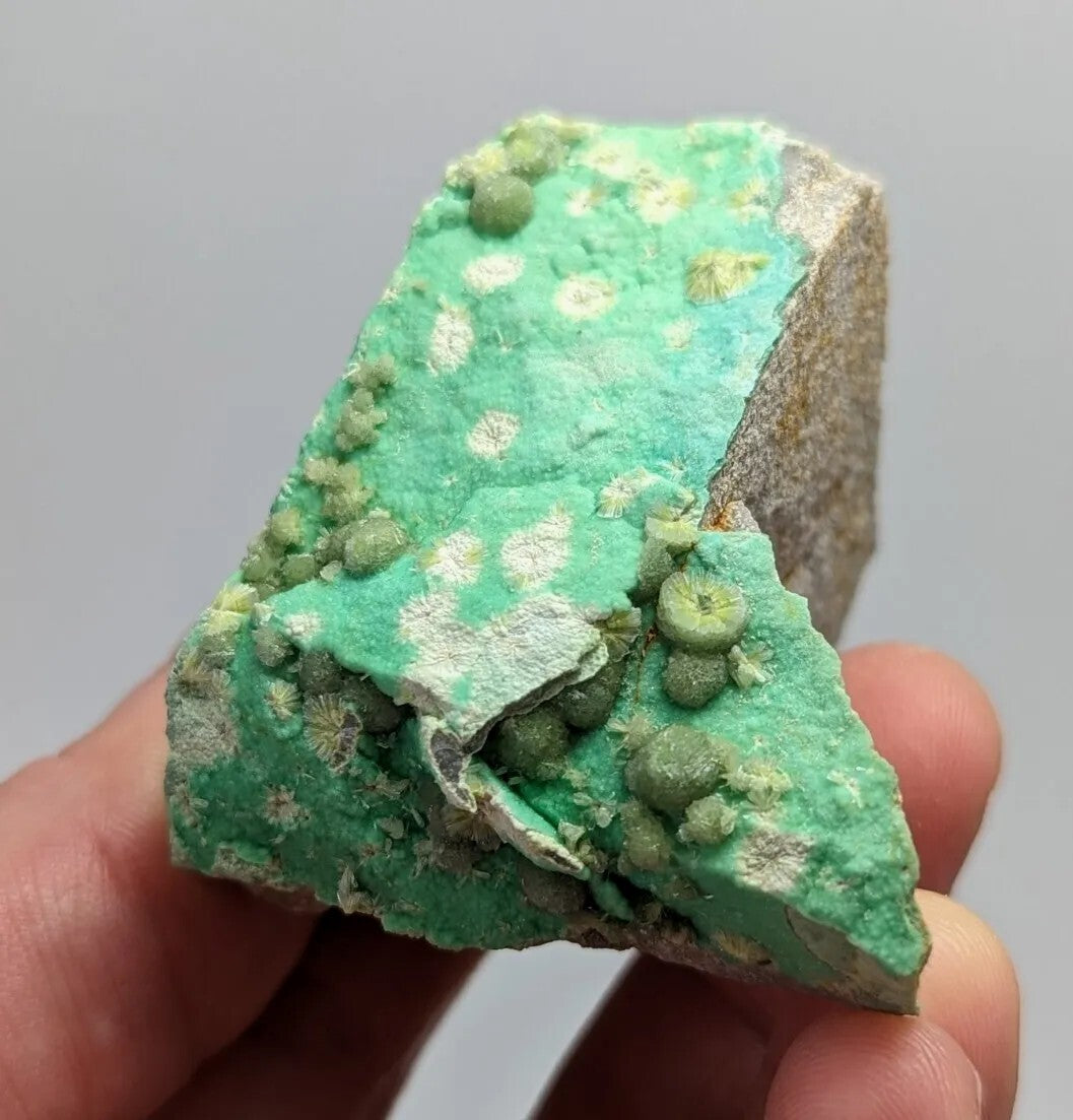 A vibrant green mineral specimen with rounded, bulbous formations and white crystalline patches.