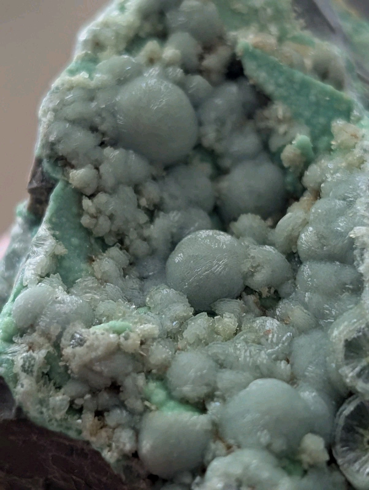 A cluster of translucent, pale green spherical crystals with a slightly rough, textured surface.