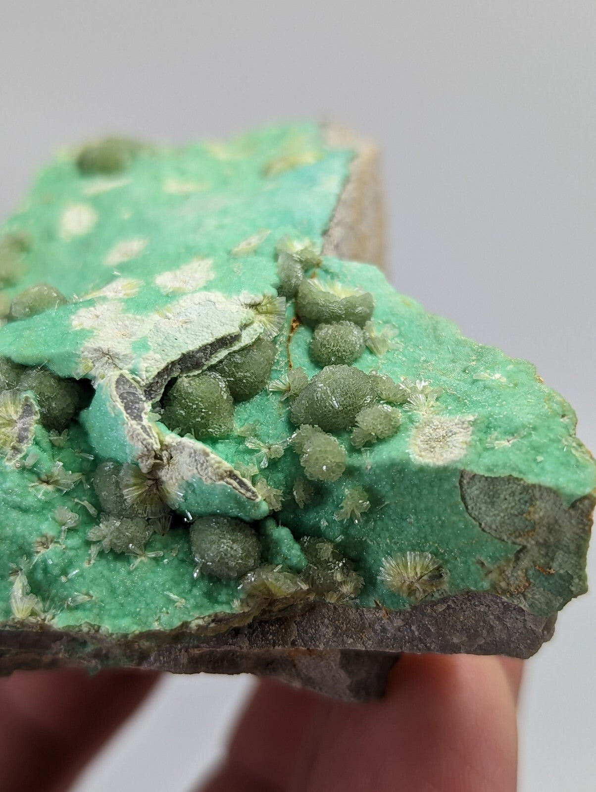 A vibrant green mineral specimen featuring clustered, rounded formations with a textured surface and patches of white crystalline growths.