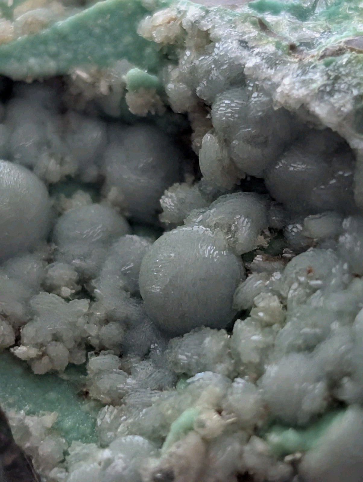 A cluster of translucent, pale green and white spherical mineral formations nestled within a textured matrix.