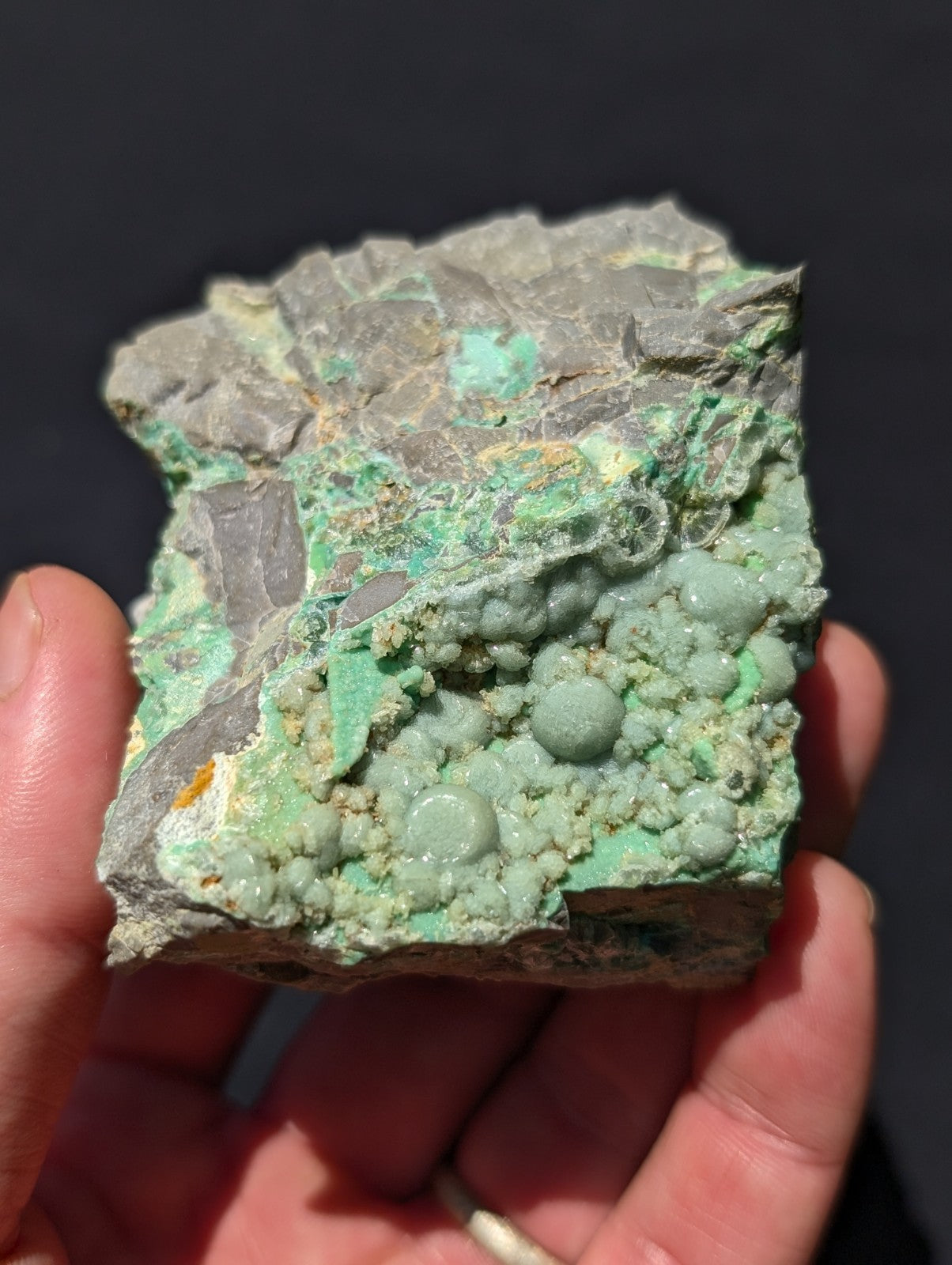 A hand holds a rough, irregularly shaped mineral specimen featuring vibrant green veining and clusters of rounded, bulbous formations against a grayish matrix.