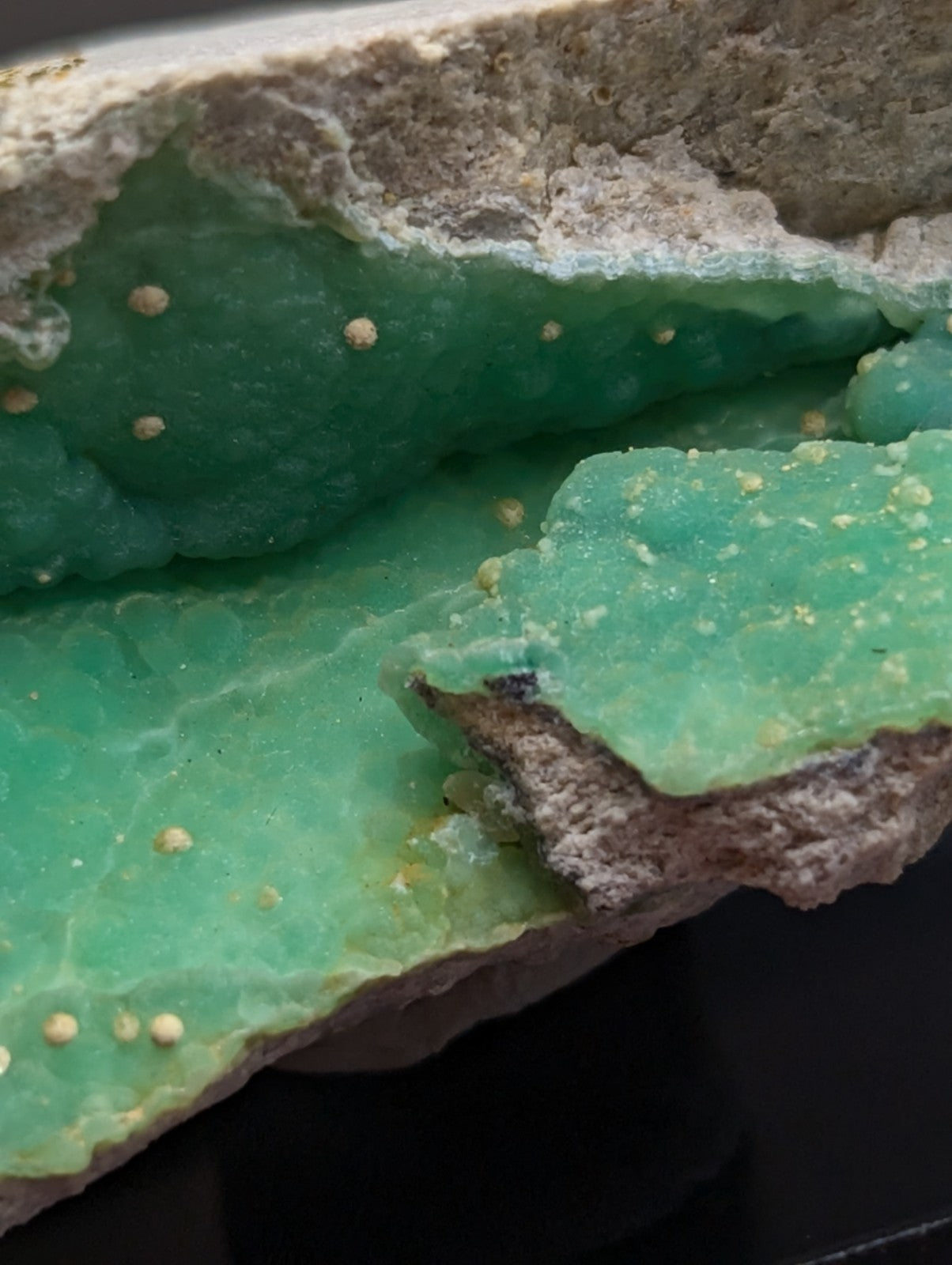 A+ wavellite on variscite vibrant green translucent geode with crystalline interior and golden inclusions from Arkansas