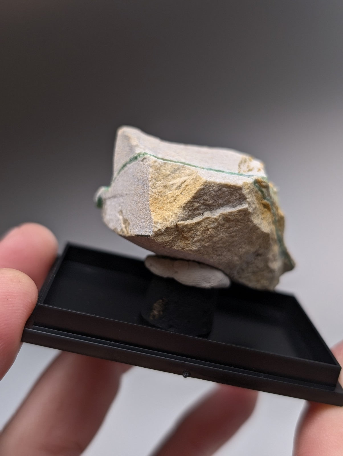 A+ wavellite on variscite mineral specimen with white and golden-yellow hues on black display tray from garland county arkansas