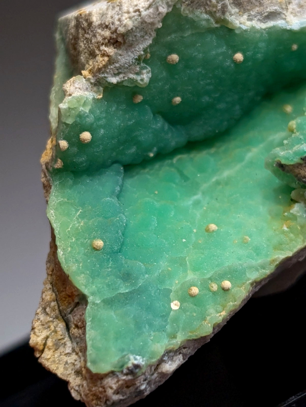 A vibrant green wavellite on variscite geode with crystalline interior and golden specks from garland county arkansas
