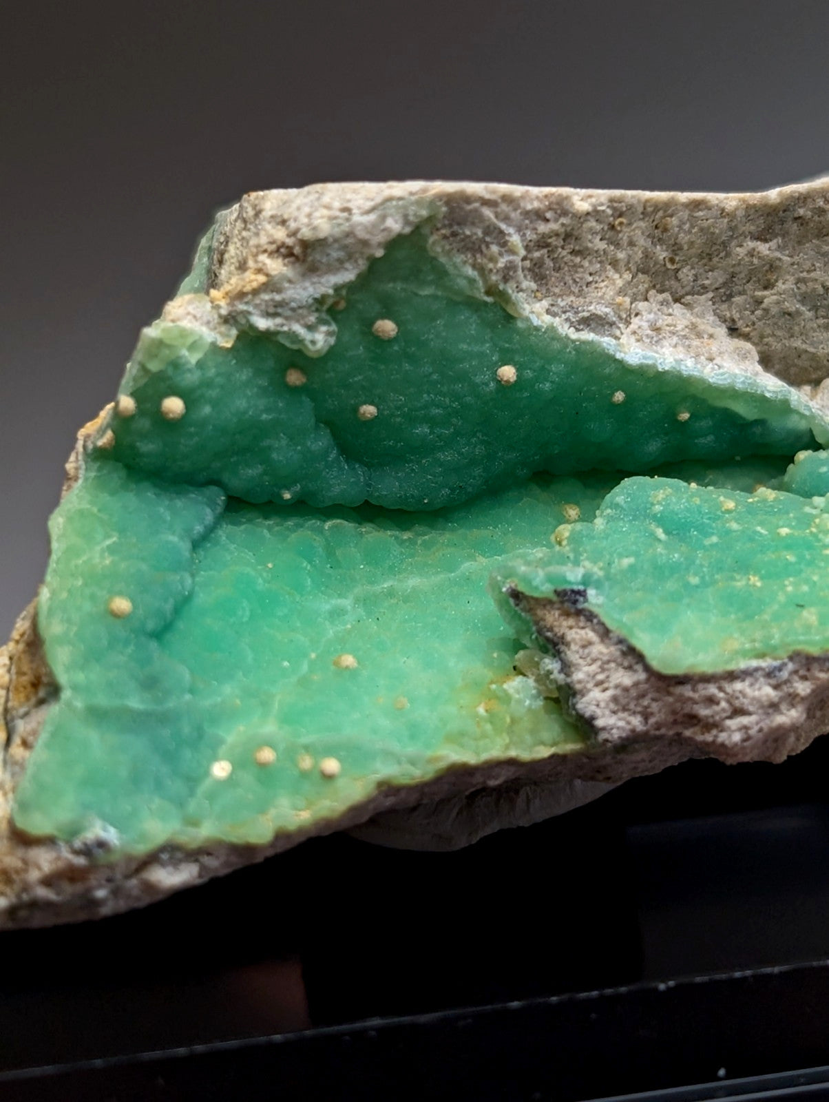 A+ wavellite on variscite mineral specimen with vibrant green crystals and golden-yellow specks in gray rock from Arkansas