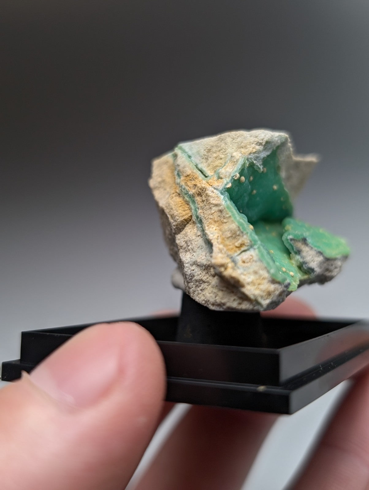 A+ wavellite on variscite vibrant green mineral with cracked beige and yellow earthy matrix from garland county arkansas