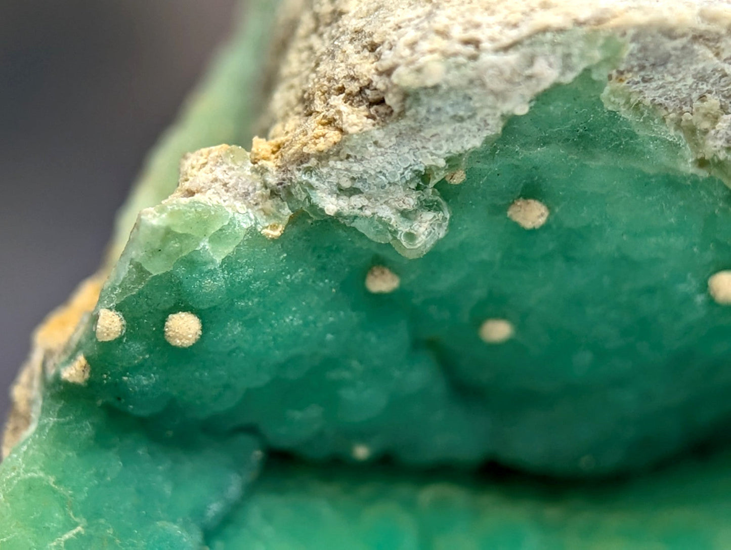 A+ wavellite on variscite with vibrant green crystalline surface and pale yellow inclusions from Garland County Arkansas