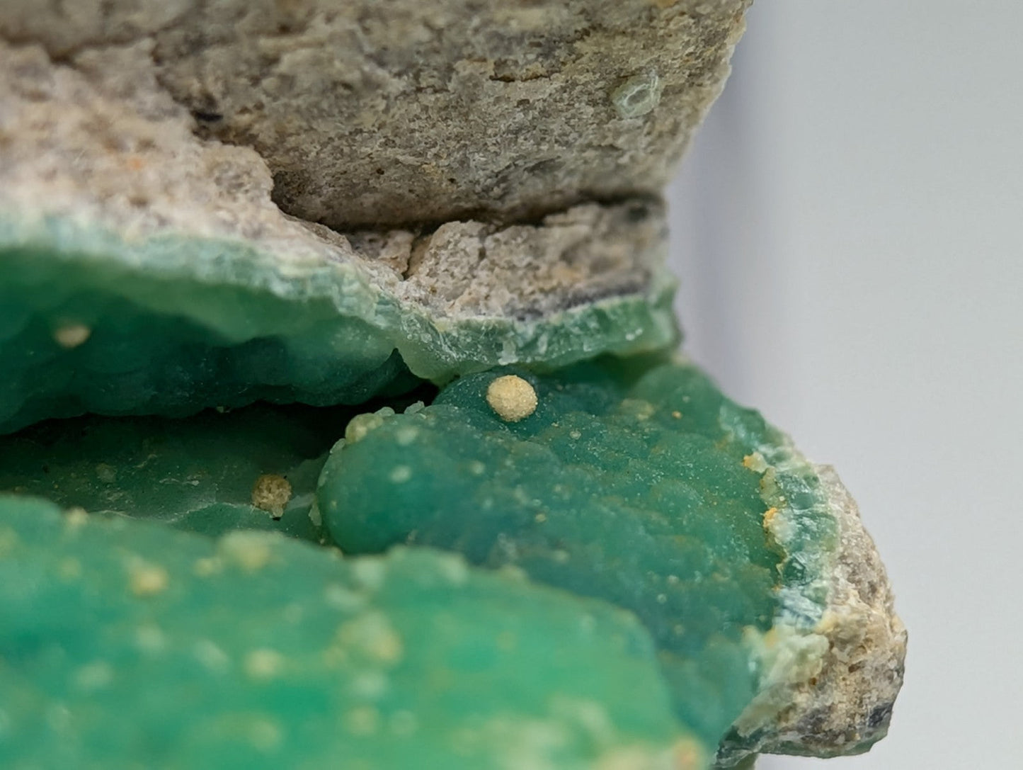 A+ wavellite on variscite green geode with crystalline translucent interior and rough outer rock from garland county arkansas