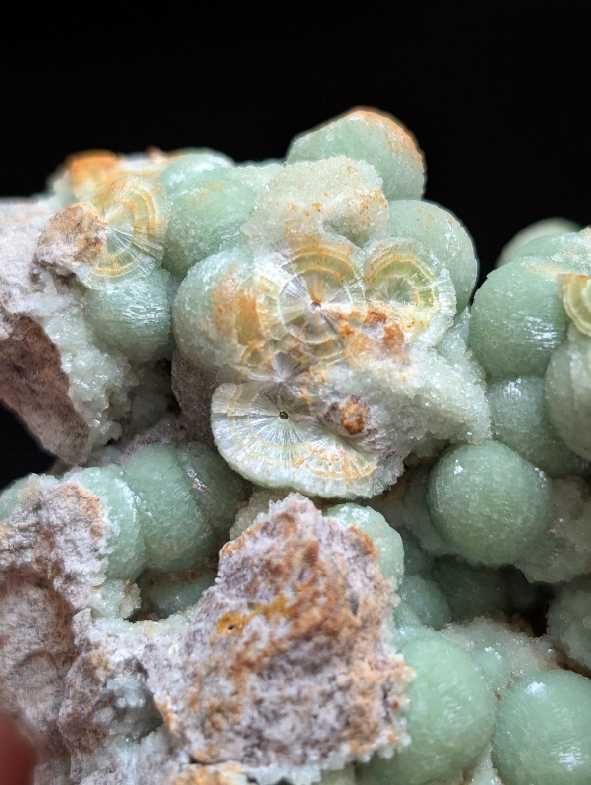 A cluster of translucent, pale green spherical crystals with delicate yellowish-orange veining and embedded mineral inclusions.