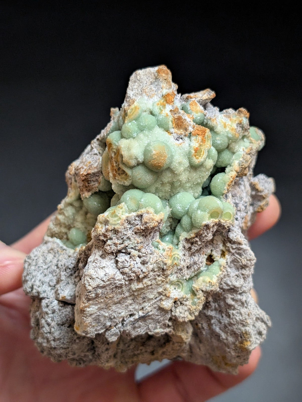 A hand holds a rough, grayish rock specimen featuring clusters of translucent green spherical crystals with hints of orange-brown mineralization.